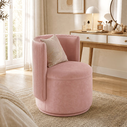Pink velvet curved-back swivel storage chair at vanity