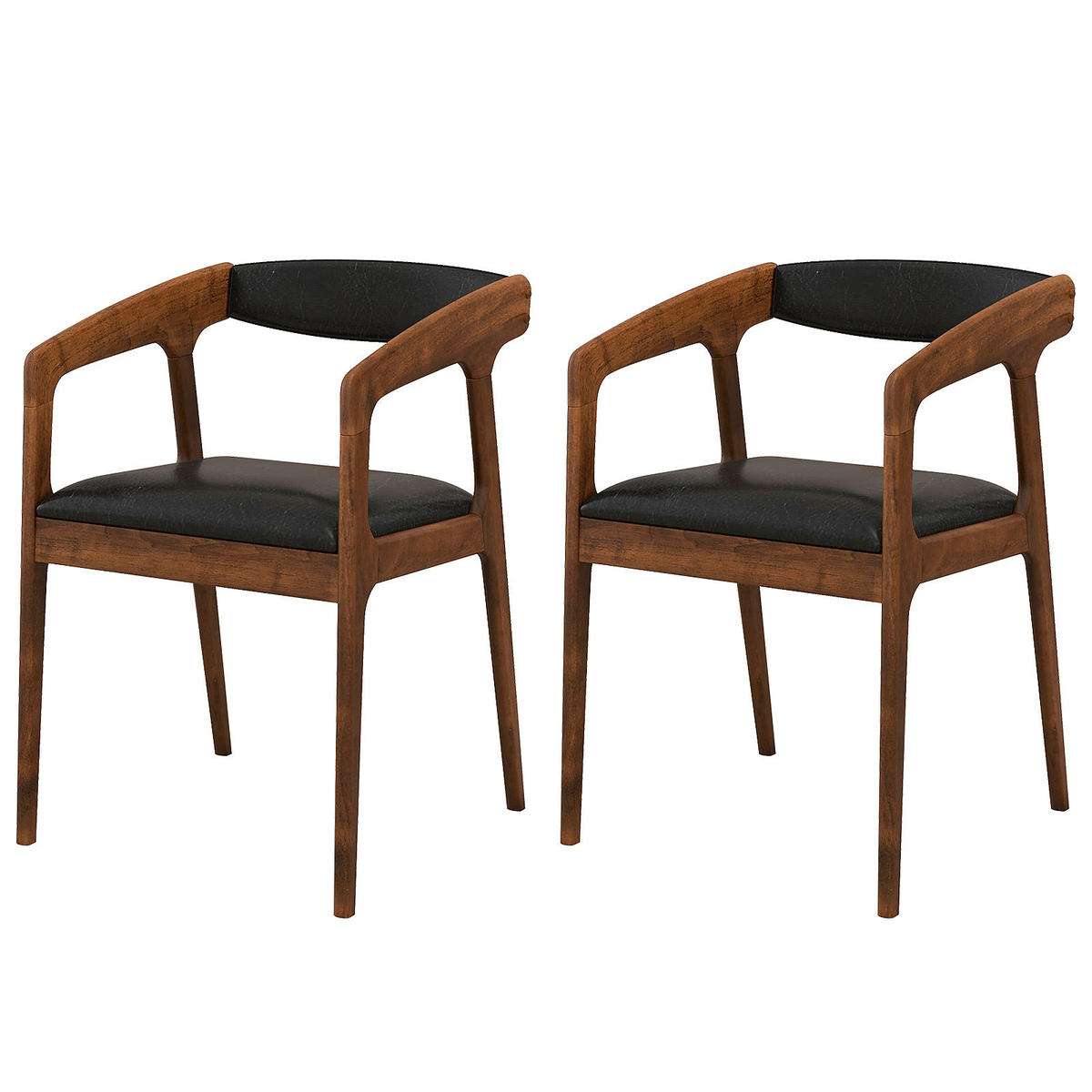 Black faux leather dining armchair with a warm wood frame