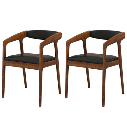 Black faux leather dining armchair with a warm wood frame