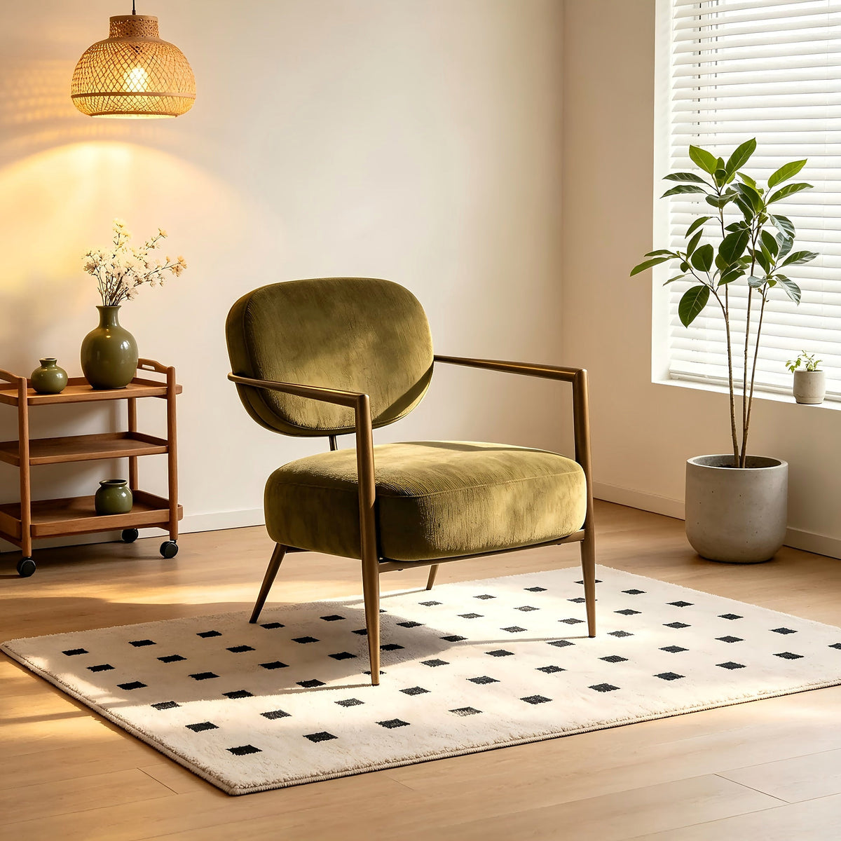 Green fabric accent chair with an oval back and gold tone metal frame