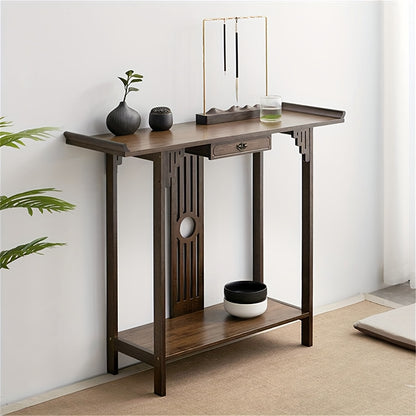 Angled room view of the bamboo console with a raised-edge tabletop.