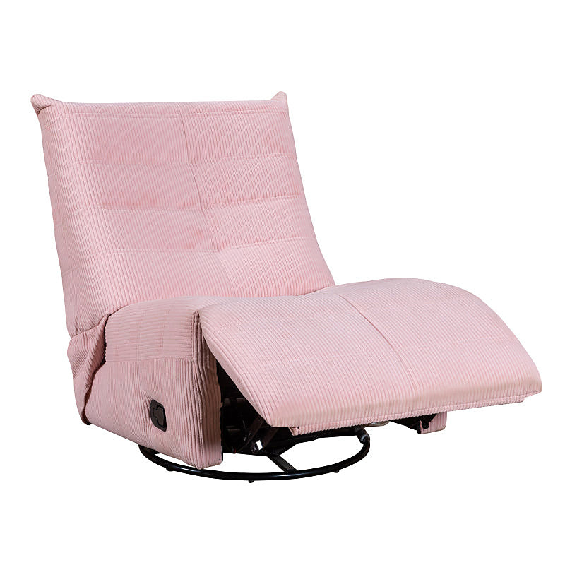 Georgena pink corduroy swivel glider recliner — reclining position with footrest extended