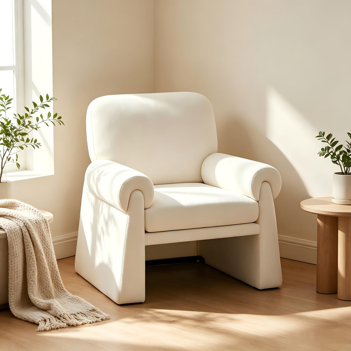 Rolled-Arm Chenille Accent Chair — beige chair near a window