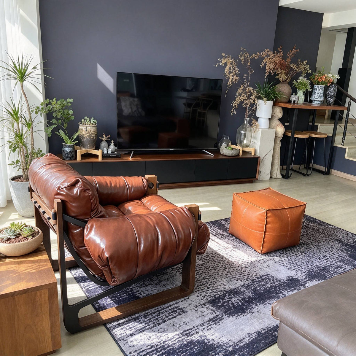 Padded Sling Lounge Chair — brown front three-quarter view with styling footstool