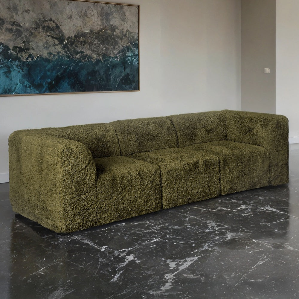 Olive Plush Modular Sofa — opposite three-quarter view.