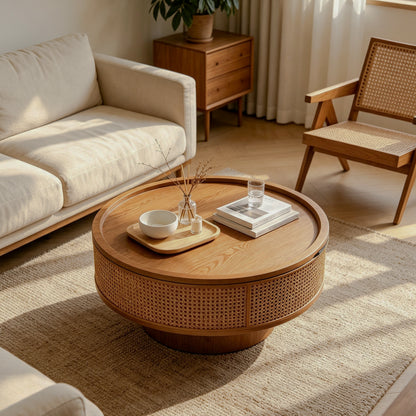 Round rattan storage coffee table with a raised-edge tray top in a living room
