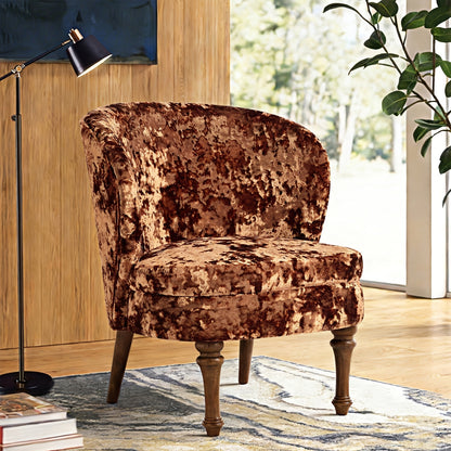 Crushed Velvet Accent Chair with Wood Legs — brown velvet chair in a styled room.