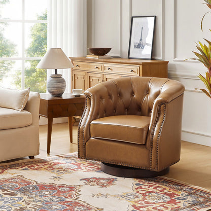 Camel genuine leather Chesterfield swivel rocking armchair with rolled arms