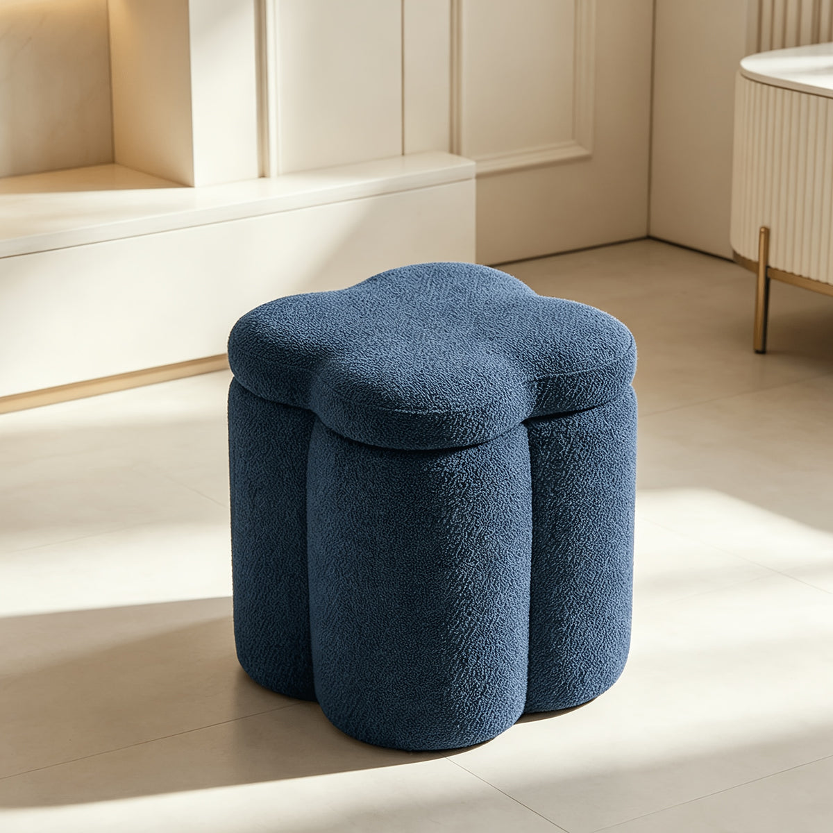 Flower-Petal Chenille Storage Ottoman — navy flower-petal ottoman front three-quarter view