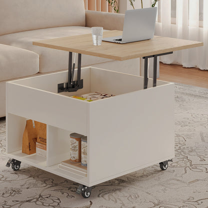 Square rolling storage table with light wood-look top raised