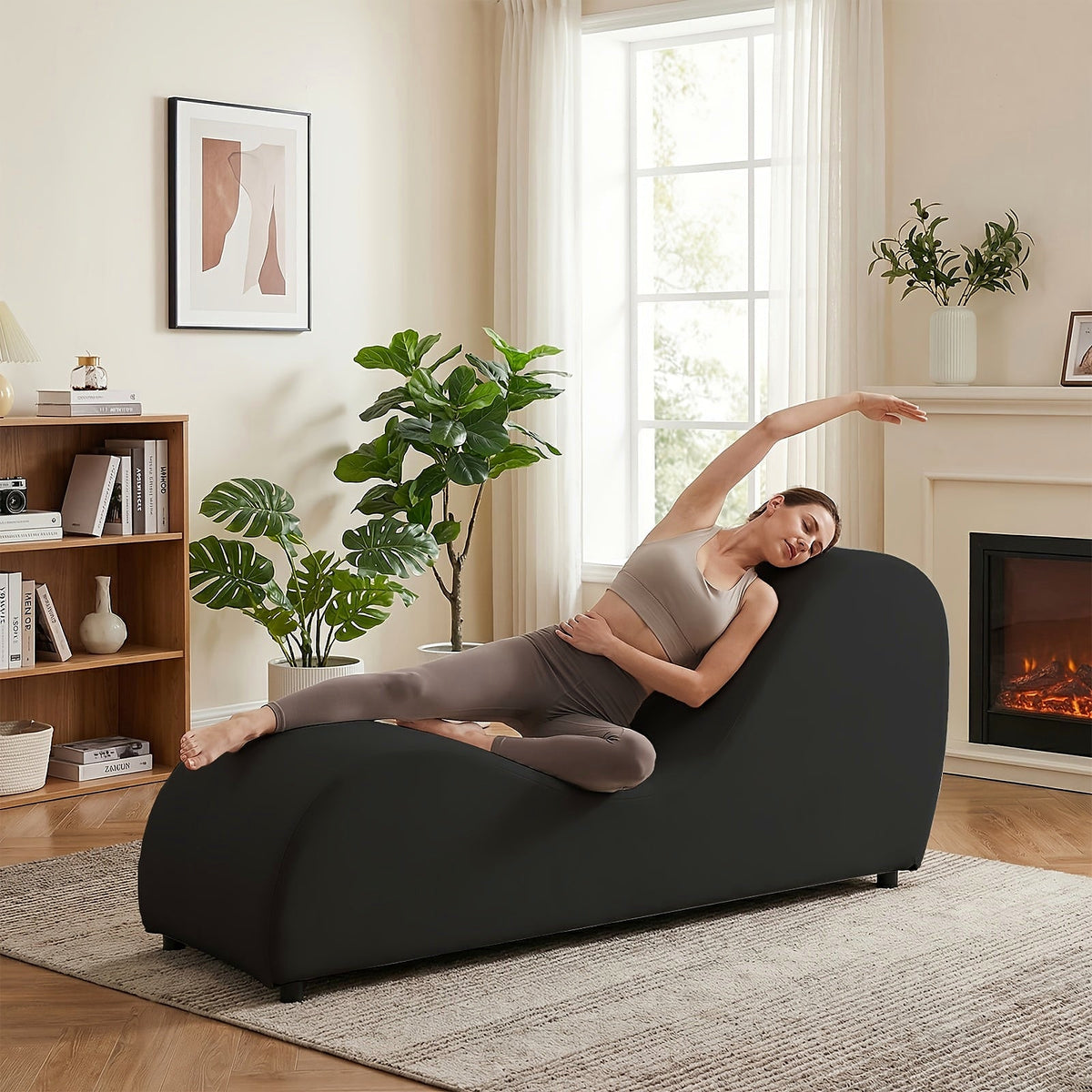 Black velvet curved yoga chaise lounge