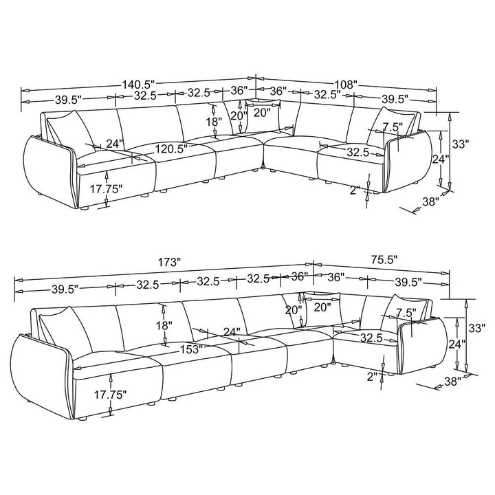 Line drawings of two Logan sectional configurations with overall and individual module dimensions.