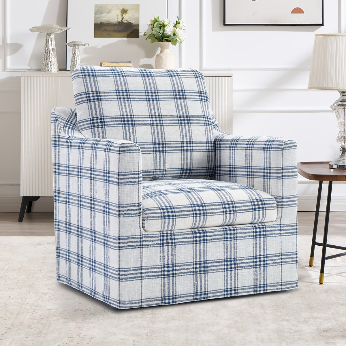Plaid Swivel Accent Chair — blue and white plaid swivel chair in a room