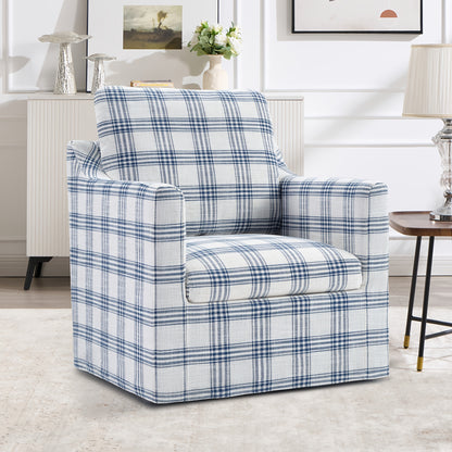 Plaid Swivel Accent Chair — blue and white plaid swivel chair in a room