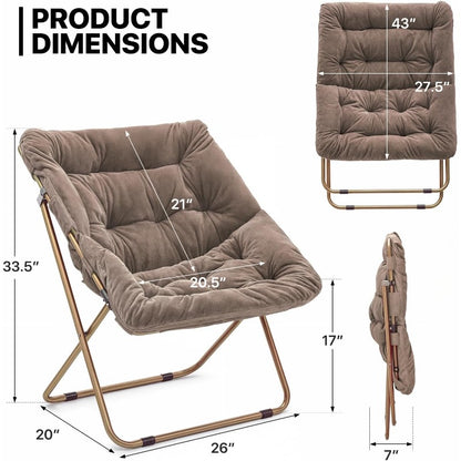 Beige folding-chair dimension diagram with open and folded positions