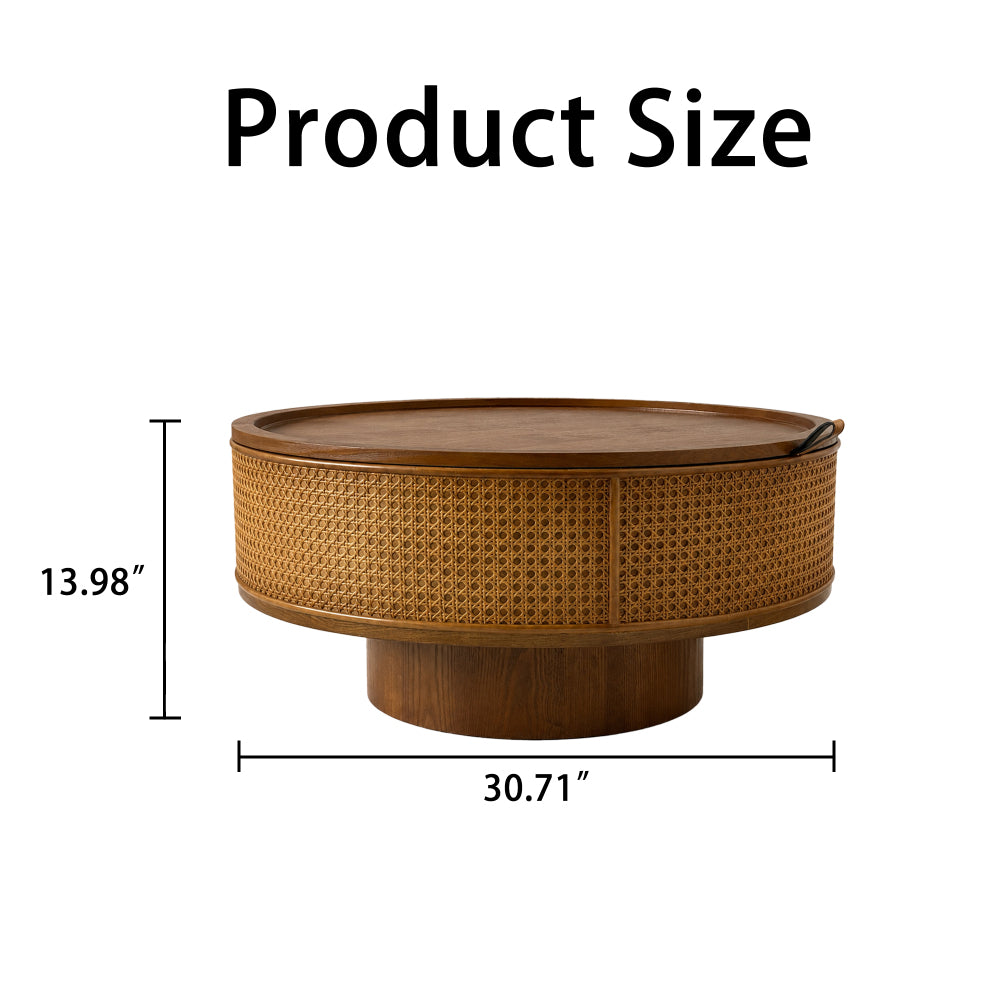 Dimension diagram showing the storage coffee table at 30.71-inch diameter and 13.98-inch height