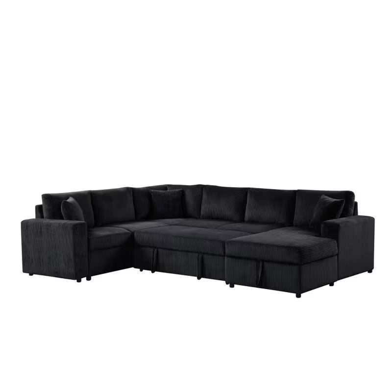 Rinaldo Black Corduroy Sleeper Sectional — complete sectional product view.