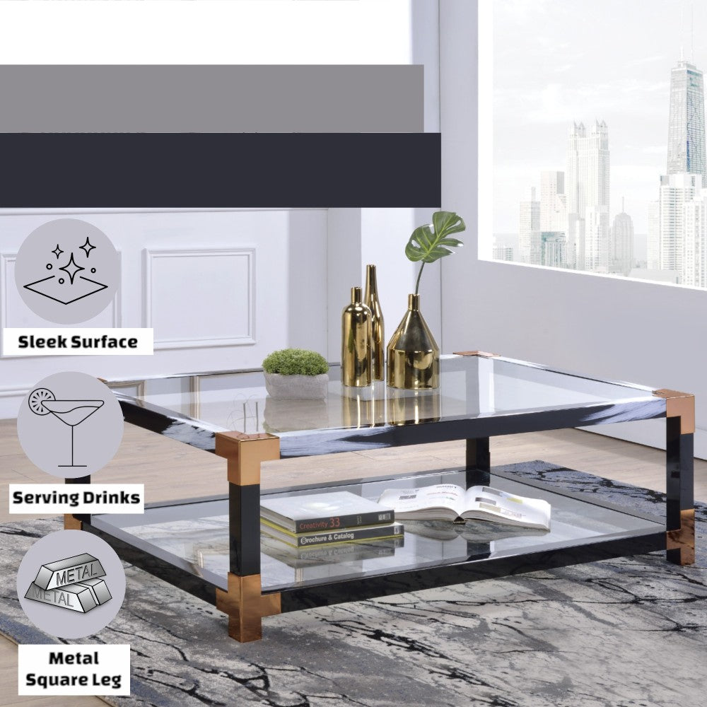Feature collage showing the glass coffee table, lower shelf and metal square legs