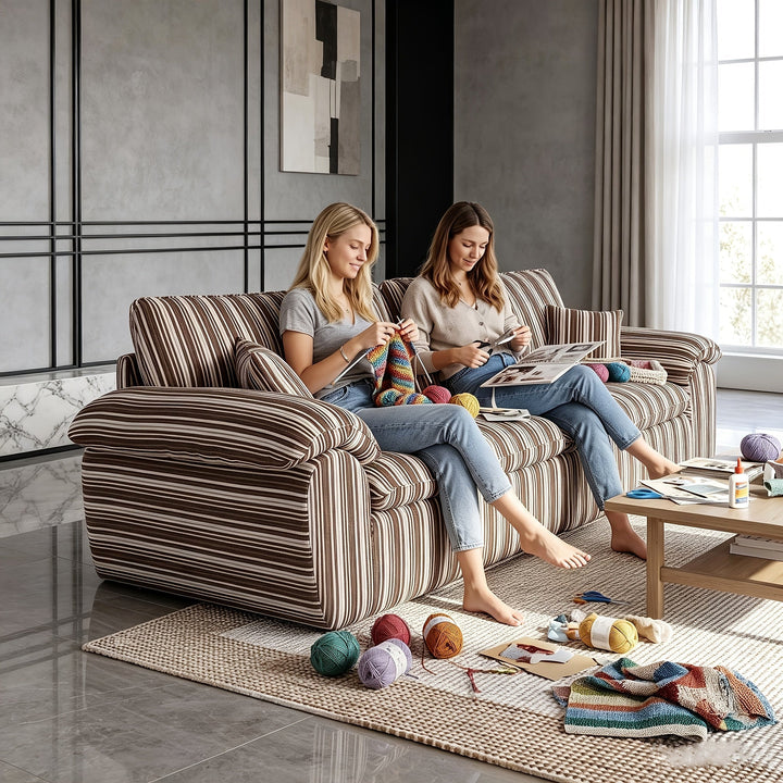 Wren Green Striped Deep-Seat Cloud Sofa — brown colorway reference with two seated people; available option is green