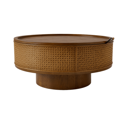 Walnut-brown rattan drum coffee table with woven sides and a low pedestal base