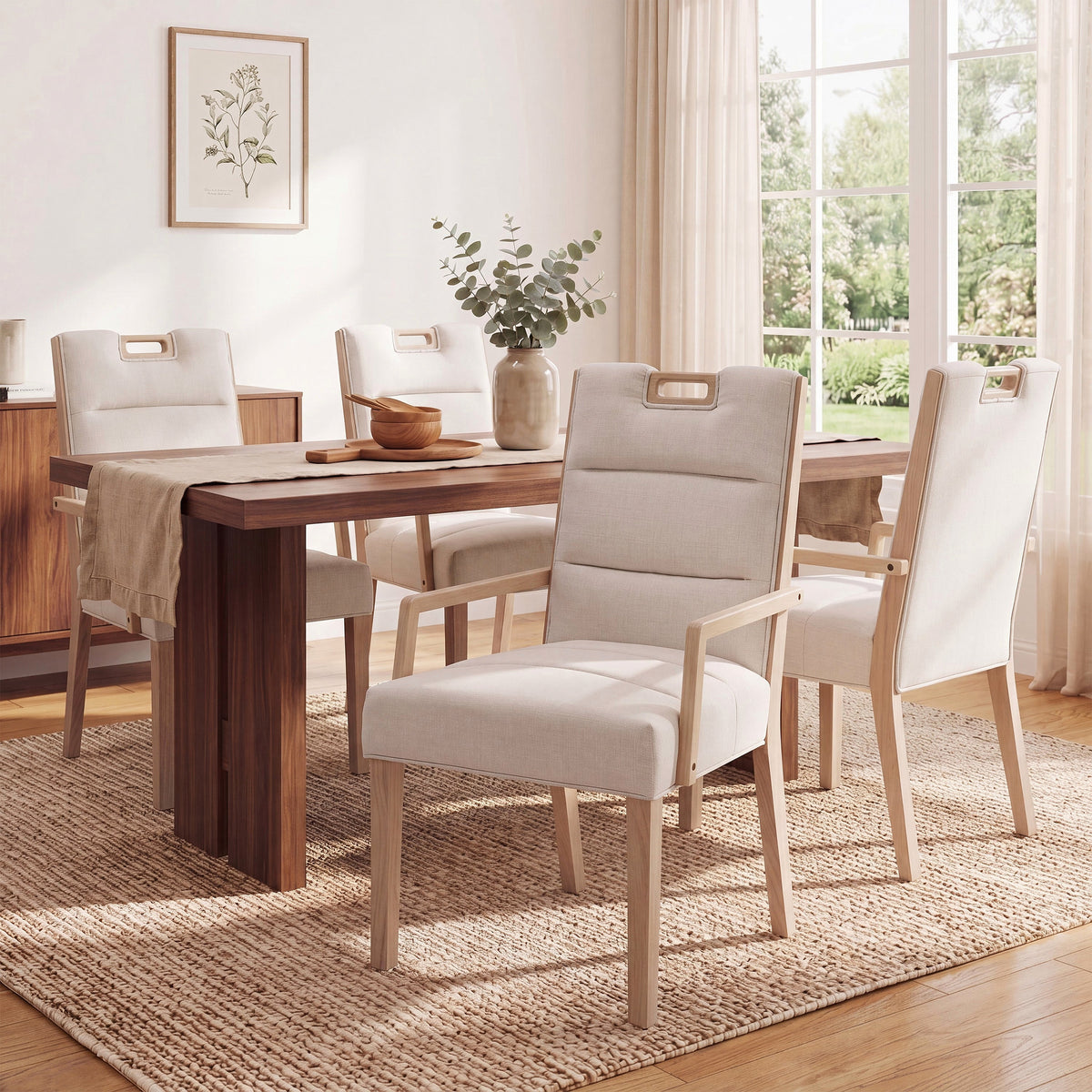 Natural finish beige upholstered dining armchair with a rubberwood frame