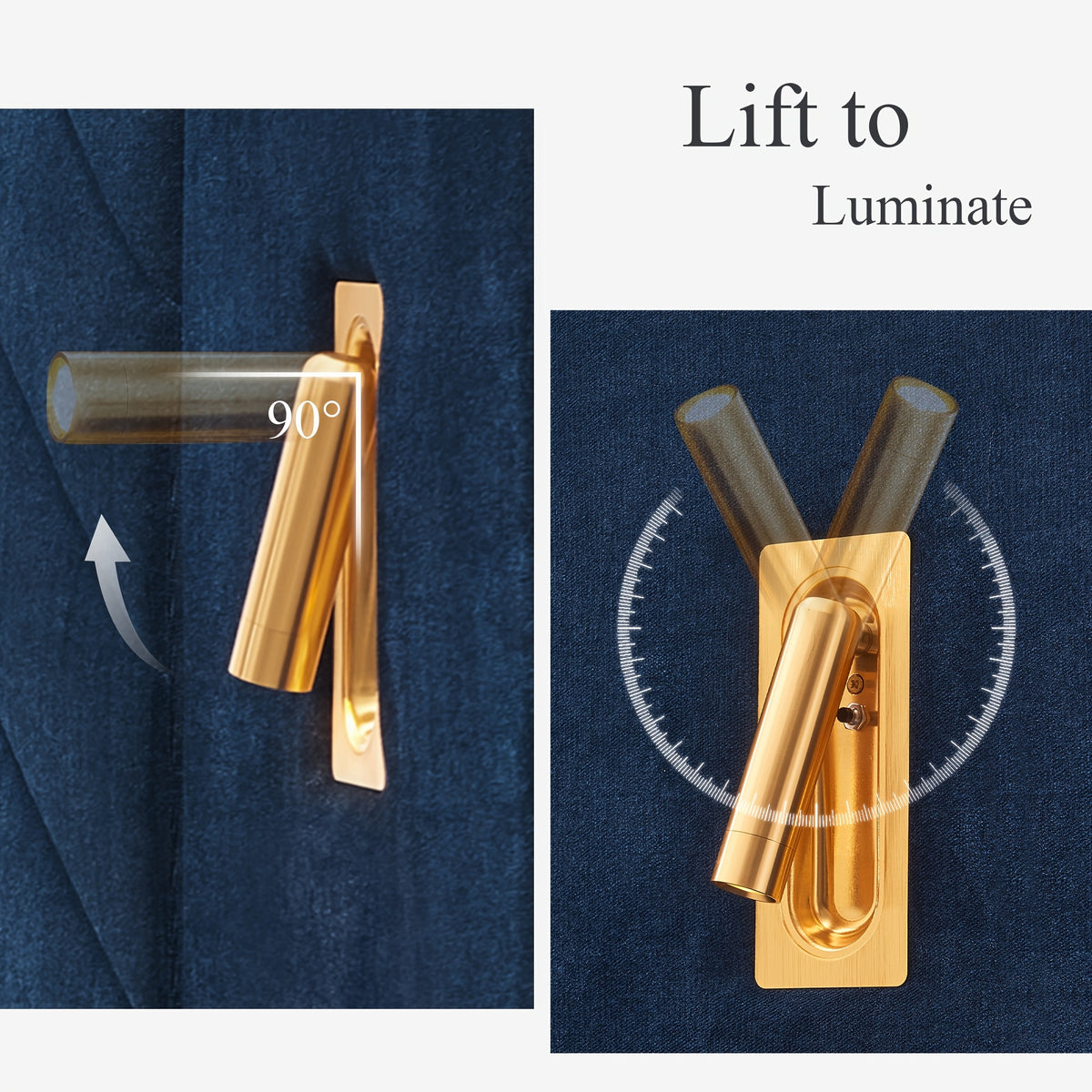 Feature collage showing the gold-tone headboard light in folded and raised positions