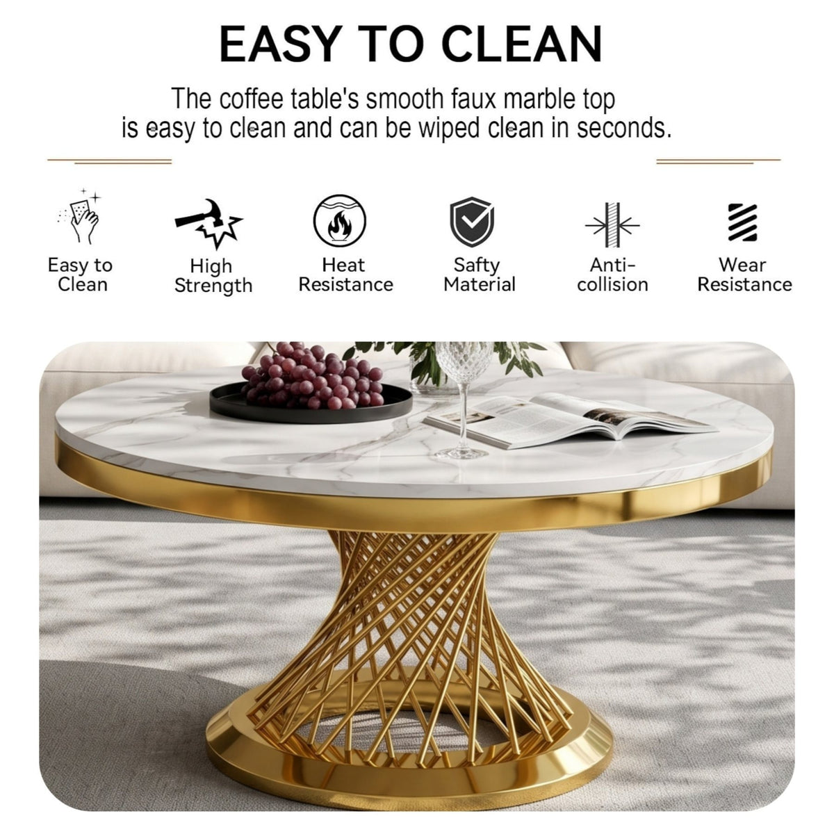 Faux Marble Coffee Table Set, Modern Coffee Table Side Table with Hourglass‑Shaped Metal Base, Luxury Center Table for Living Room Office