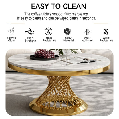 Faux Marble Coffee Table Set, Modern Coffee Table Side Table with Hourglass‑Shaped Metal Base, Luxury Center Table for Living Room Office