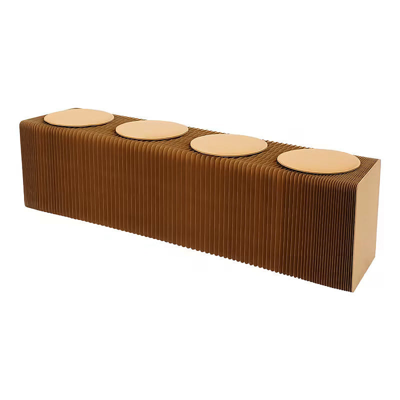 Expandable kraft paper accordion bench with round seat pads — expanded straight configuration