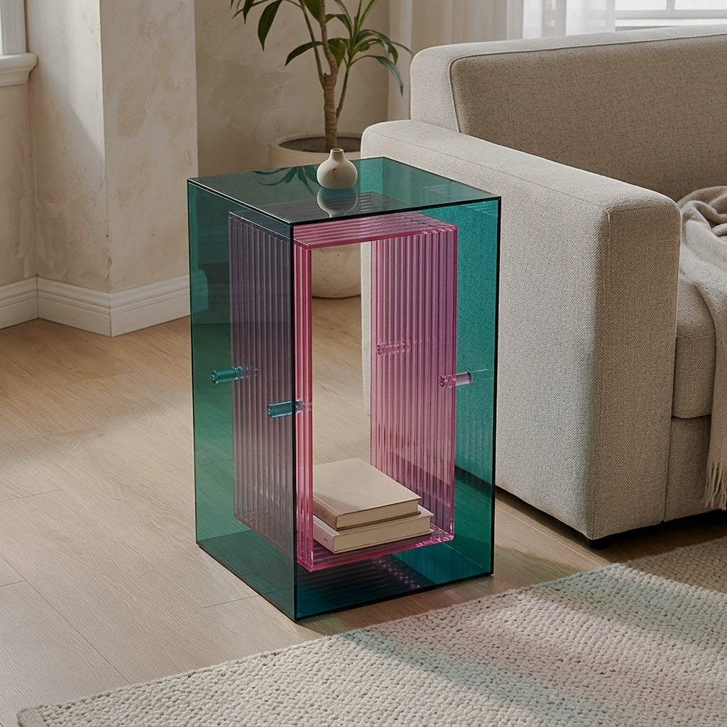 Angled view of the upright transparent teal and pink side cabinet