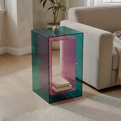 Angled view of the upright transparent teal and pink side cabinet