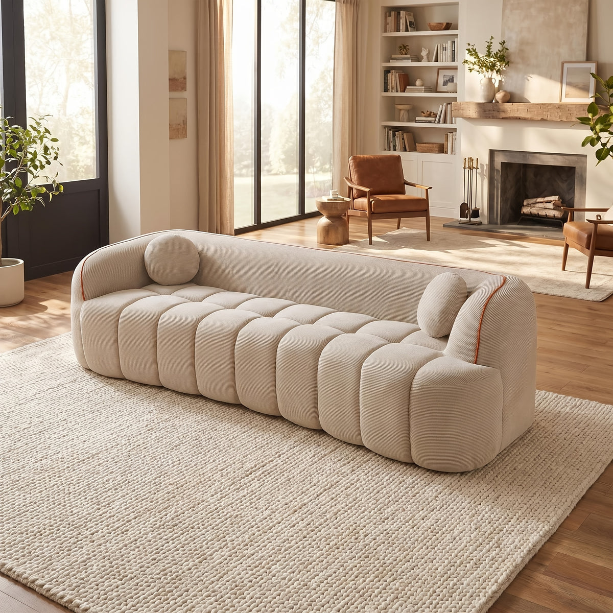 Channel-Tufted Corduroy Lounge Sofa — white sofa in a warm living room.