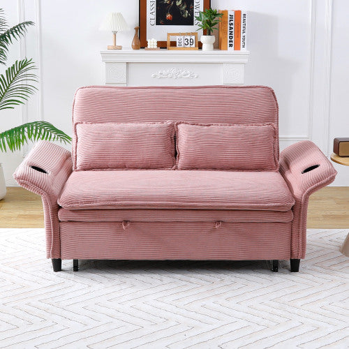 Ribbed Convertible Sleeper Sofa with Cup Holders — pink upholstery option.
