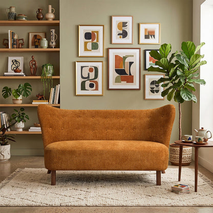 Front view of the caramel curved-back chenille loveseat styled on a cream rug beneath a gallery wall.