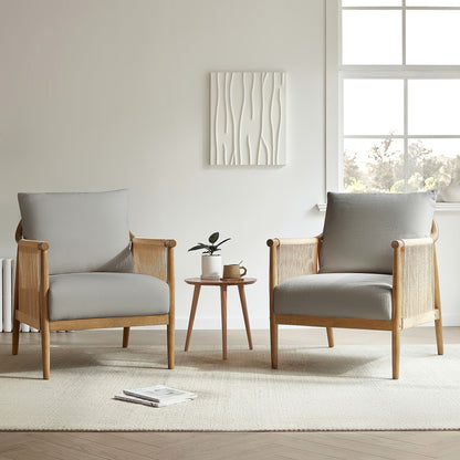 Wood frame accent chair with braided paper cord sides and a light gray cushion