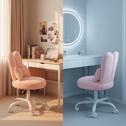 Pink and light blue bunny ear vanity chair with a bow cushion and white rolling base — pink and light blue chairs shown together