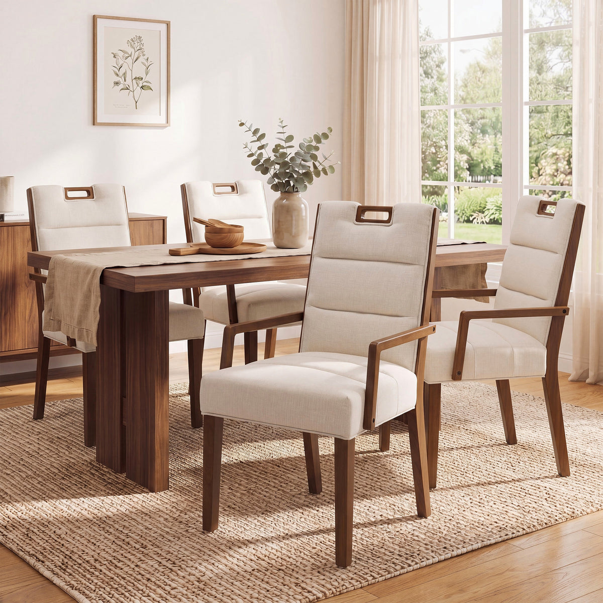 Walnut finish beige upholstered dining armchair with a rubberwood frame