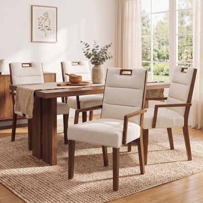 Walnut finish beige upholstered dining armchair with a rubberwood frame