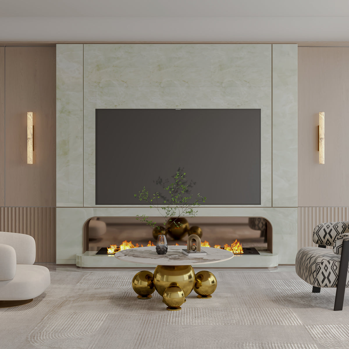 Faux-marble coffee table and gold-tone spherical base in front of a fireplace