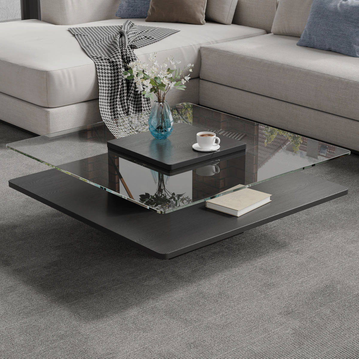 Black square glass coffee table
