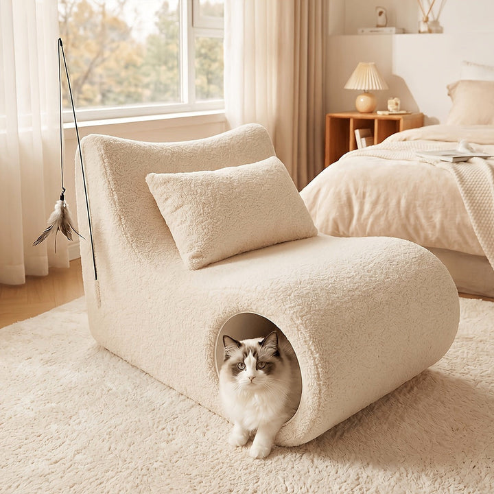 Human and cat bouclé lounge chair in off-white — featured view