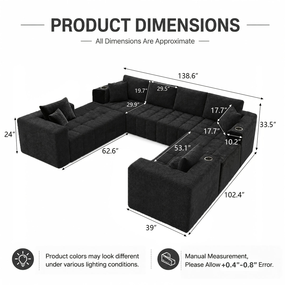 Chenille Modular Sectional with Cup Holders — u-shaped overall and seat dimensions diagram