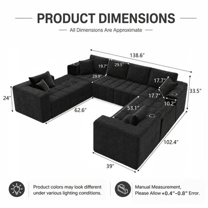 Chenille Modular Sectional with Cup Holders — u-shaped overall and seat dimensions diagram
