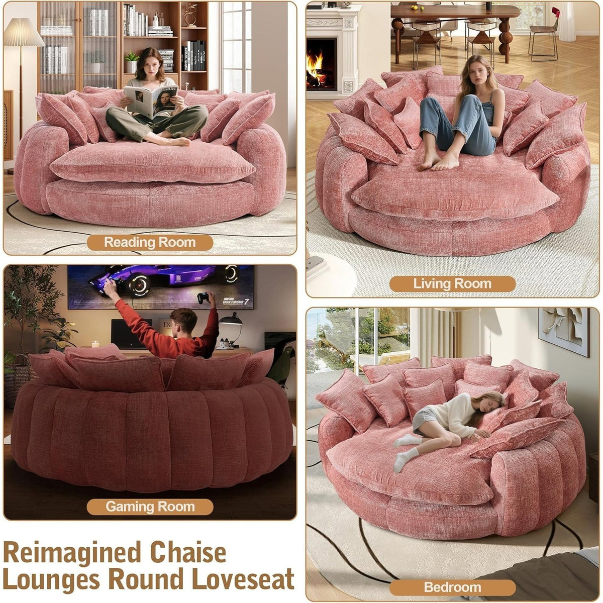Oversized Round Chenille Lounge Sofa — pink sofa room-use examples.