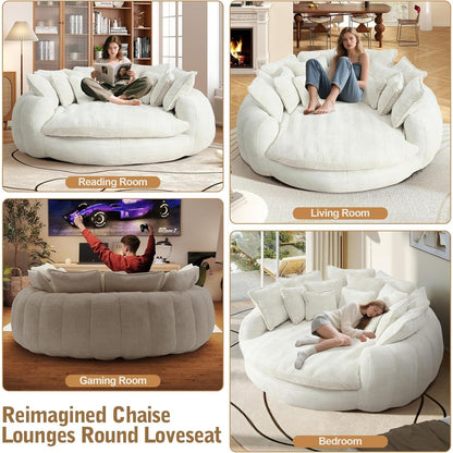 Oversized Round Chenille Lounge Sofa — beige sofa room-use examples.