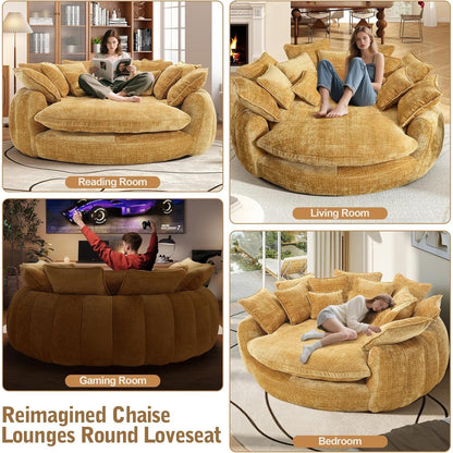 Oversized Round Chenille Lounge Sofa — yellow sofa room-use examples.