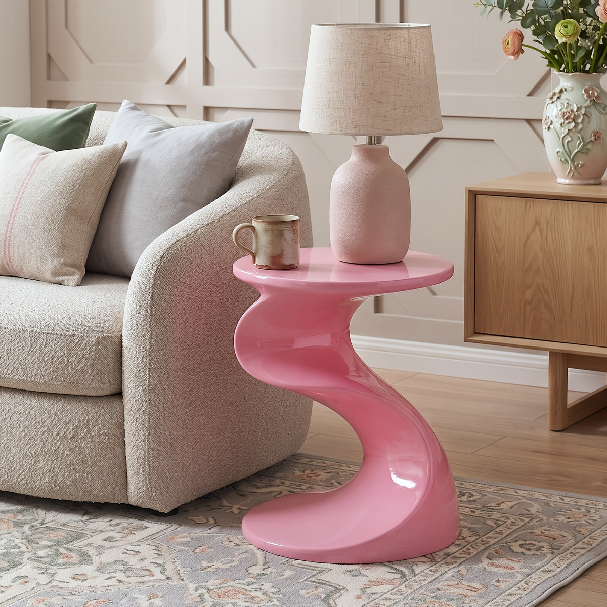 High Glossy Side Table, End Table, S-Shaped Base Fashion Design, Modern Nightstand, Accent Table, for Small Spaces, with 18" High Base, for Living Room Office Apartment, No Assembly, Blue/Green/Pink
