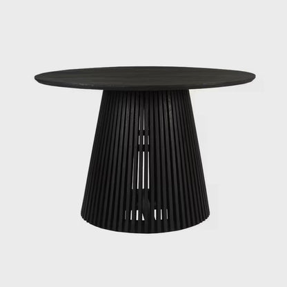 Front studio view of a round black dining table with a flared slatted base