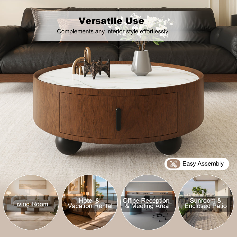 Feature collage showing the round table's versatility and assembly information