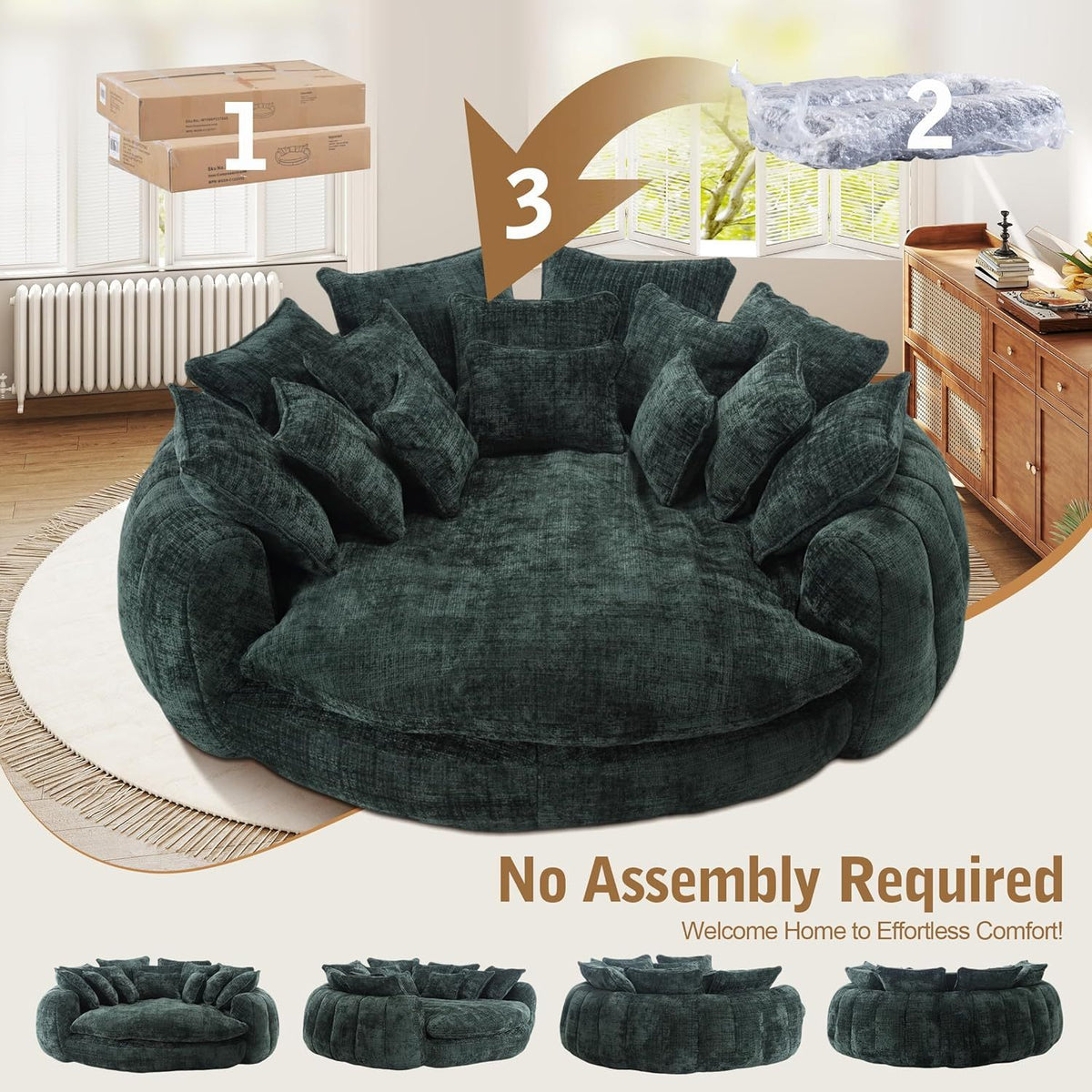 Oversized Round Chenille Lounge Sofa — emerald sofa unpacking and shape recovery.